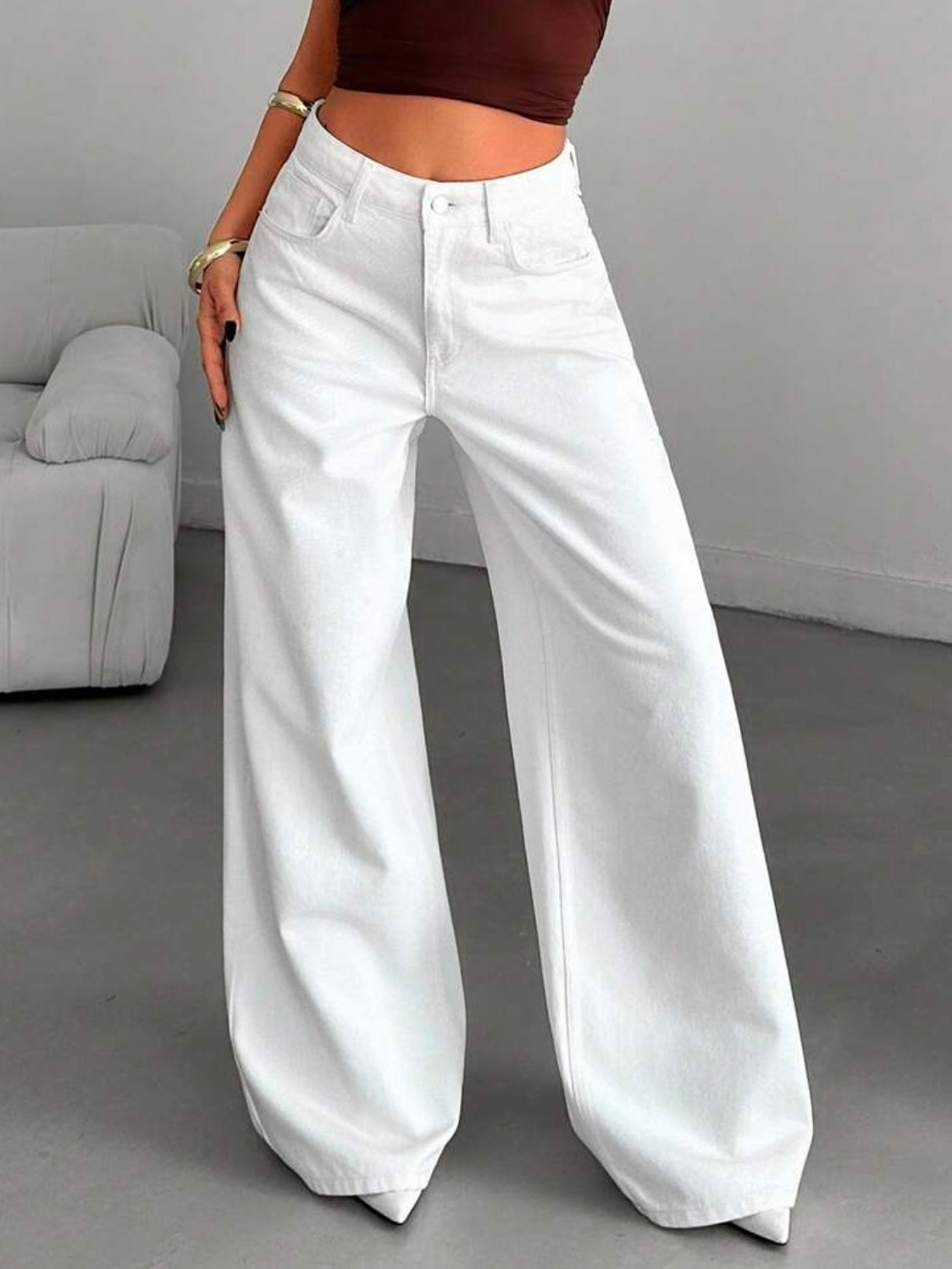 CM-BS264848 Women Casual Seoul Style High-Waisted Wide-Leg Denim Jeans - White