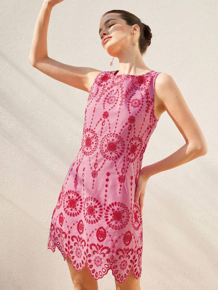 CM-DS519153 Women Trendy Bohemian Style Color-Block Hollow Out Embroidery Scalloped Hem Fitted Dress