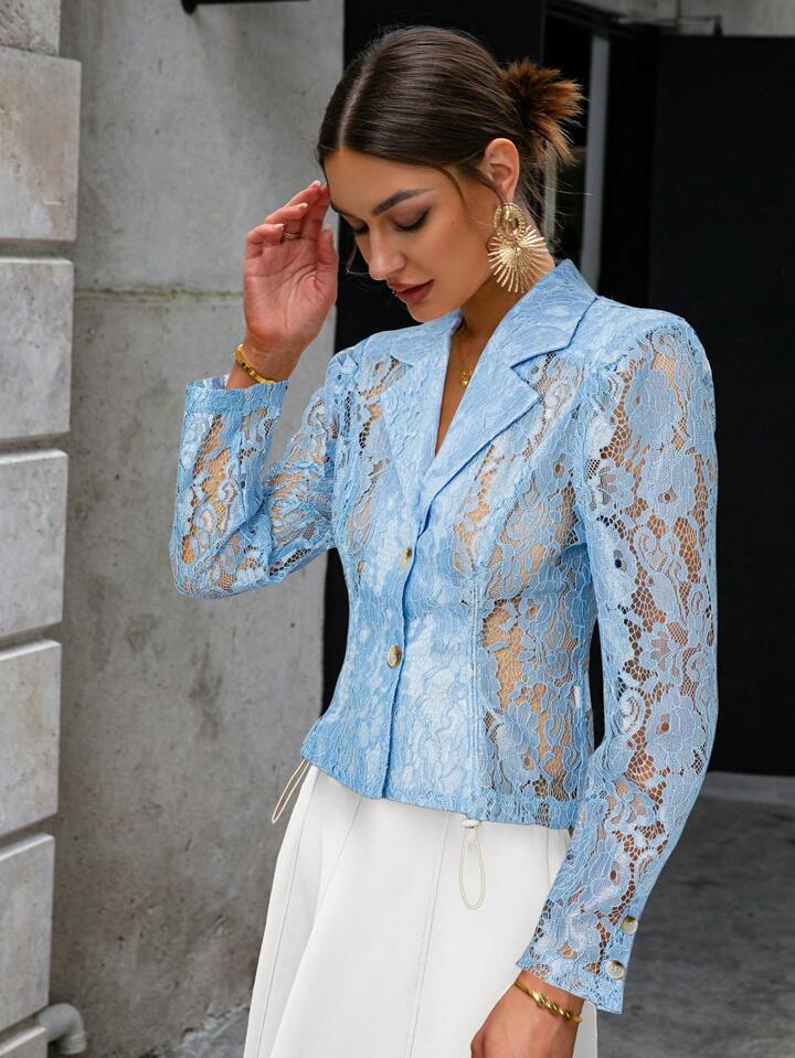 CM-TS109811 Women Elegant Seoul Style Lace Lapel Collar Long Sleeve Shirt - Blue