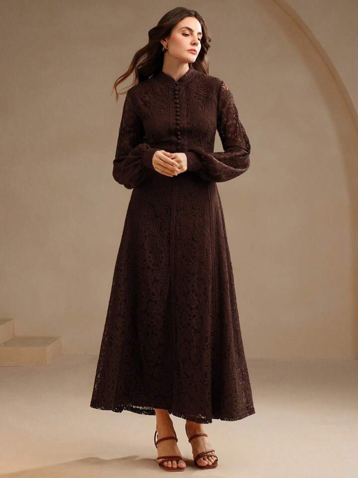 CM-DS200661 Women Elegant Seoul Style Lace Mandarin Collar Long Sleeve A-Line Dress - Brown