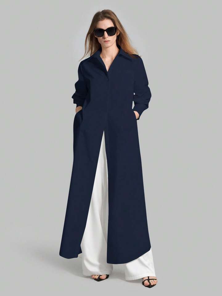 CM-TS896861 Women Casual Seoul Style Shirt Collar Long Sleeve Front Button High Slit Long Shirt - Navy Blue
