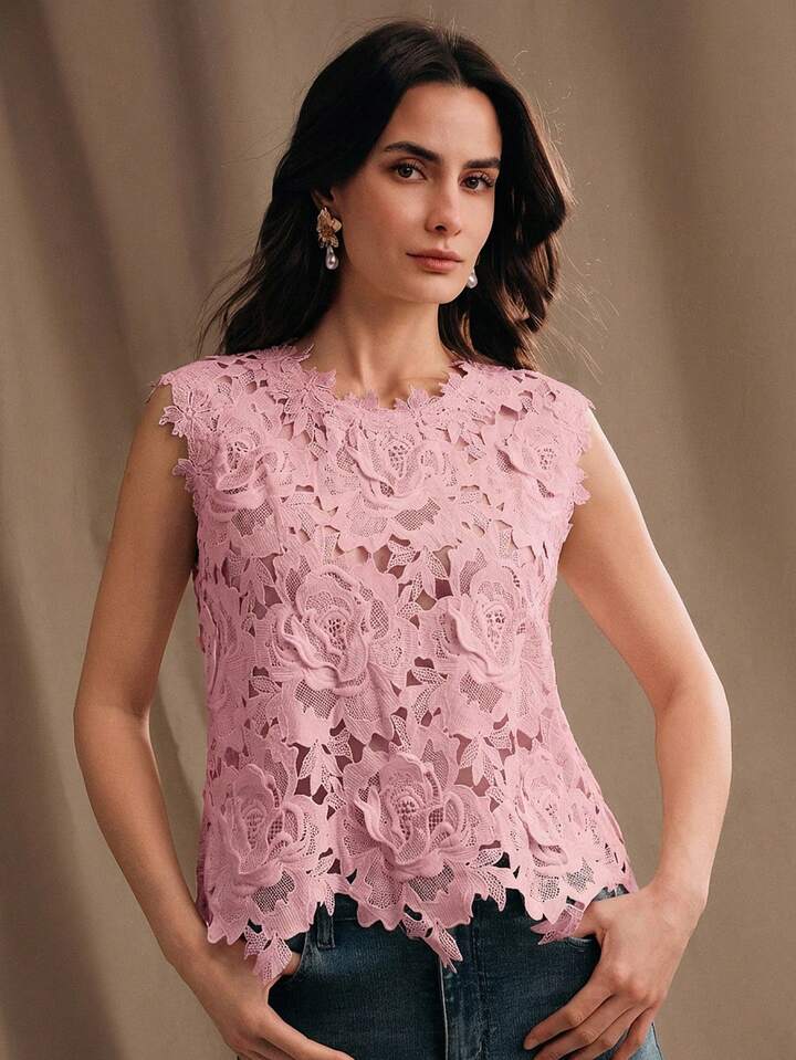 CM-TS375233 Women Elegant Seoul Style Round Neck Sleeveless Lace Embroidered Blouse - Pink