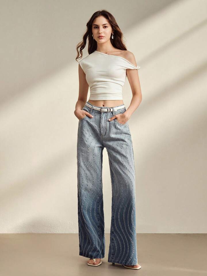 CM-BS195590 Women Casual Seoul Style Mid Waist Jacquard Gradient Straight Leg Jeans - Blue