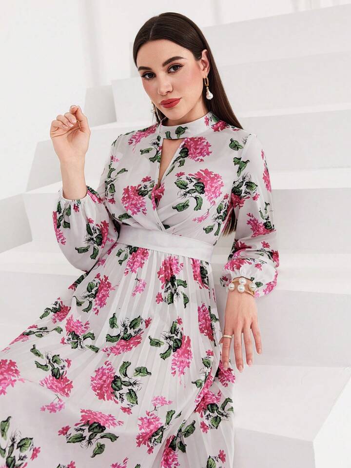 CM-DS657438 Women Elegant Seoul Style Floral Print Hollow Out Neckline A-Line Dress