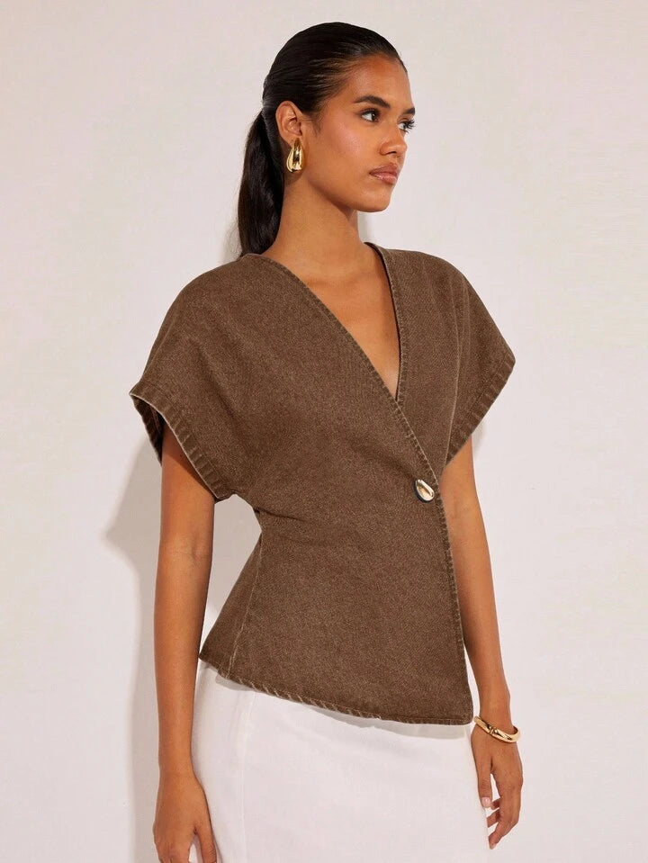 CM-TS555848 Women Casual Seoul Style Single-Button V-Neck Batwing Sleeve Denim Blouse - Brown
