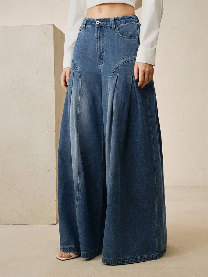 CM-BS575502 Women Casual Seoul Style High-Waisted Crease Split Lines Wide-Leg Jeans - Blue