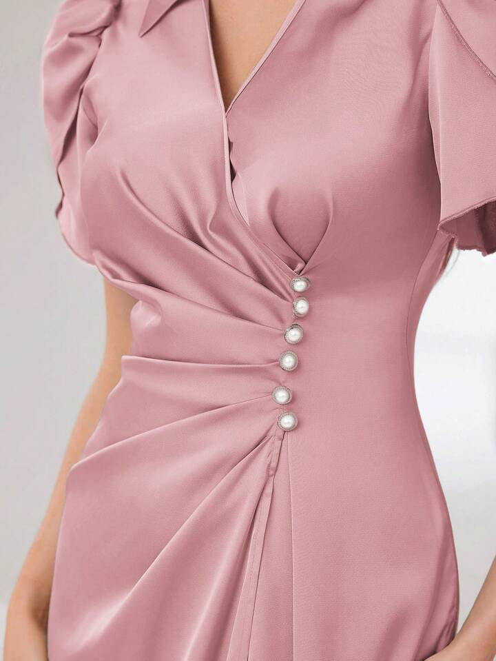 CM-DS447973 Women Elegant Seoul Style Lapel Collar Long Puff Sleeve Ruched A-Line Dress - Pink