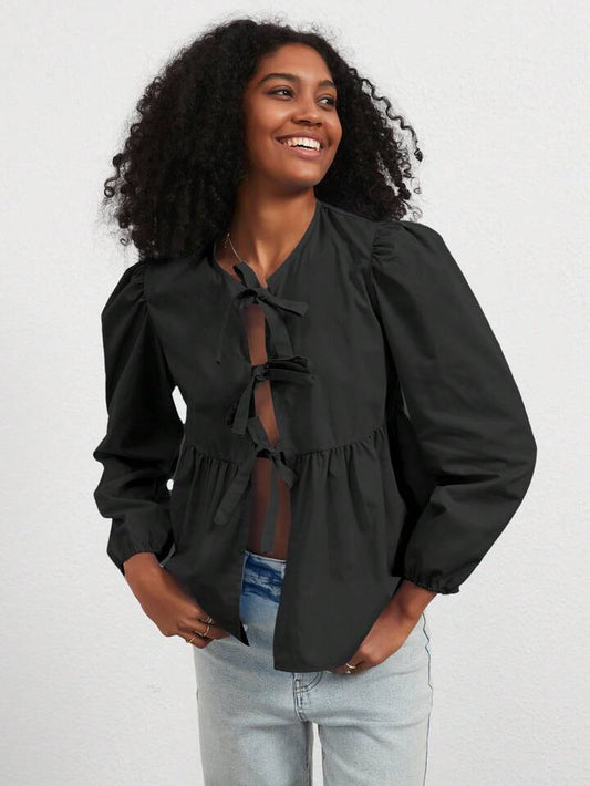CM-TS989178 Women Casual Seoul Style Solid Color Puff Sleeve Tie-Front Shirt - Black