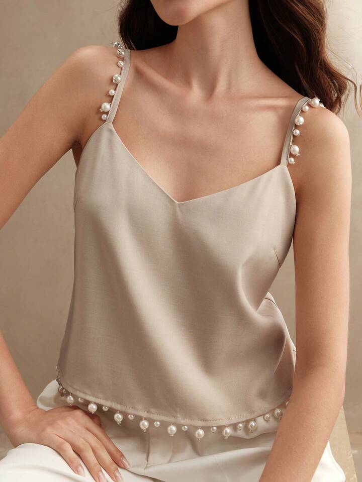 CM-TS466831 Women Elegant Seoul Style Spaghetti Strap Pearl Decor Camisole - Camel
