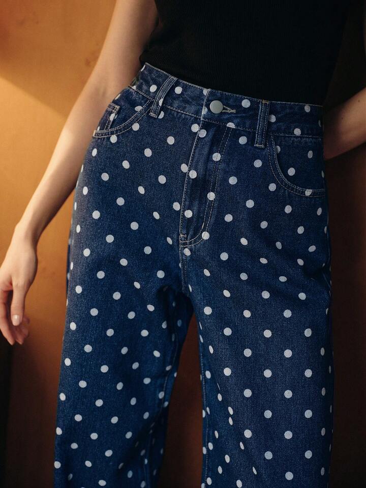 CM-BS606000 Women Casual Seoul Style Mid Waist Polka Dot Pattern Pocketed Wide Leg Loose Jeans - Blue