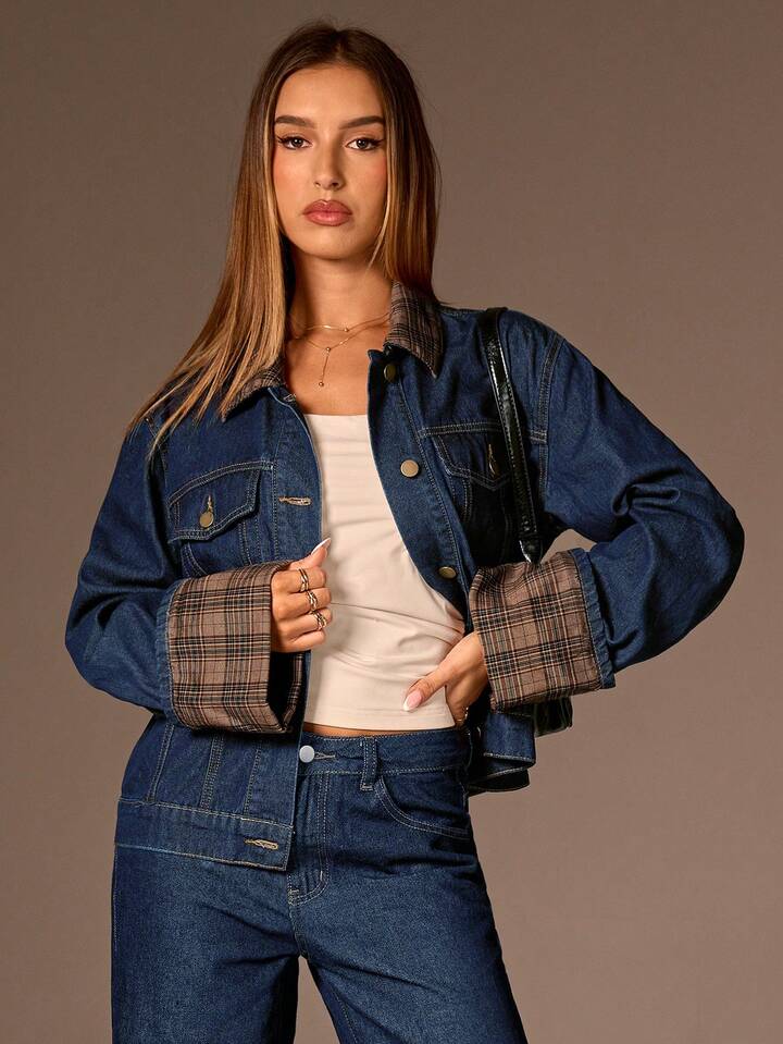 CM-CS199554 Women Elegant Seoul Style Dark Wash Collar Neckline Single Breatsed Long Sleeve Denim Jacket