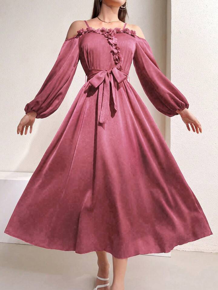 CM-DS948731 Women Casual Seoul Style Off-Shoulder Long Sleeve A-Line Dress With Belt - Pink