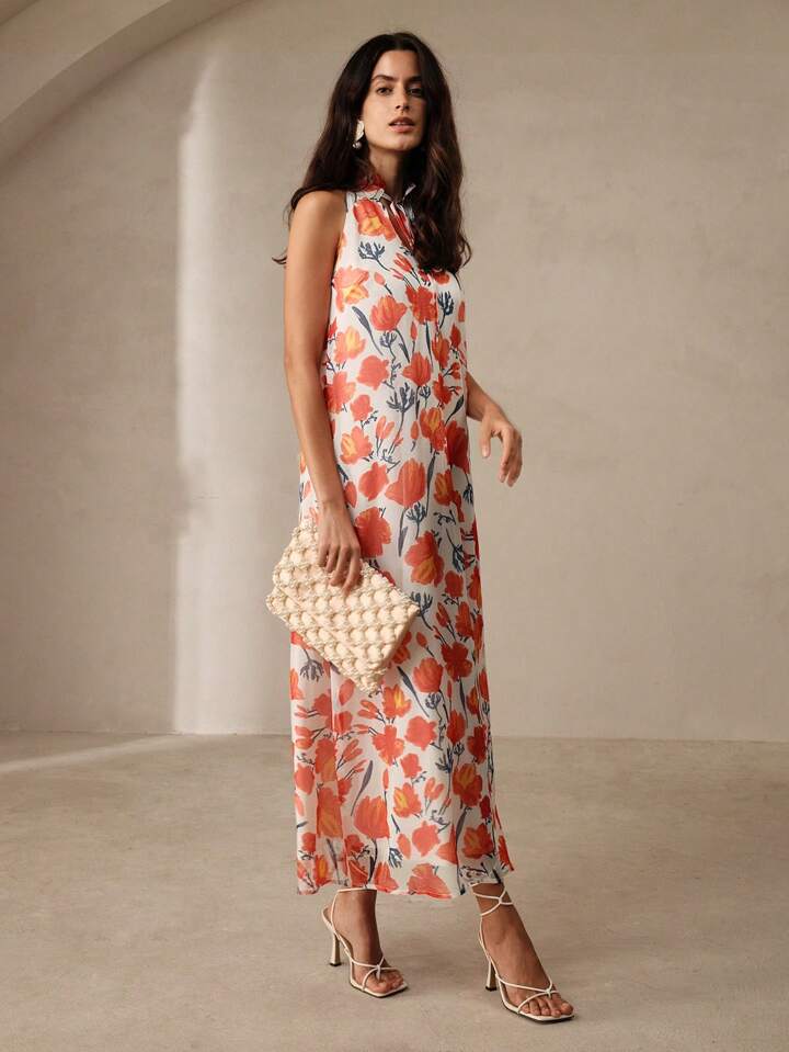 CM-DS517568 Women Trendy Bohemian Style Floral Printed Sleeveless Tie-Neck Maxi Dress - Orange
