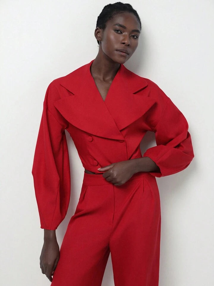 CM-SS109118 Women Elegant Seoul Style Lapel Neckline Lantern Sleeve Crop Blazer With Pants Suit - Red