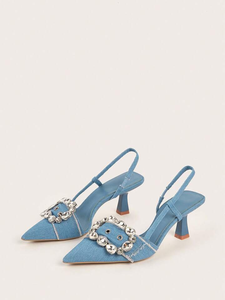 CM-SHS503732 Women Trendy Seoul Sytyle High Heel Denim Fabric Point Toe Pumps - Blue