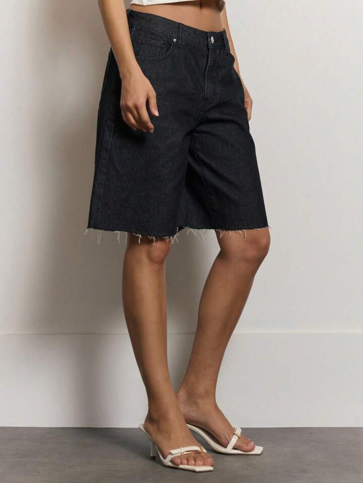 CM-BS140664 Women Casual Seoul Style Longline Dark Wash Ultra Low Waist Denim Shorts - Black