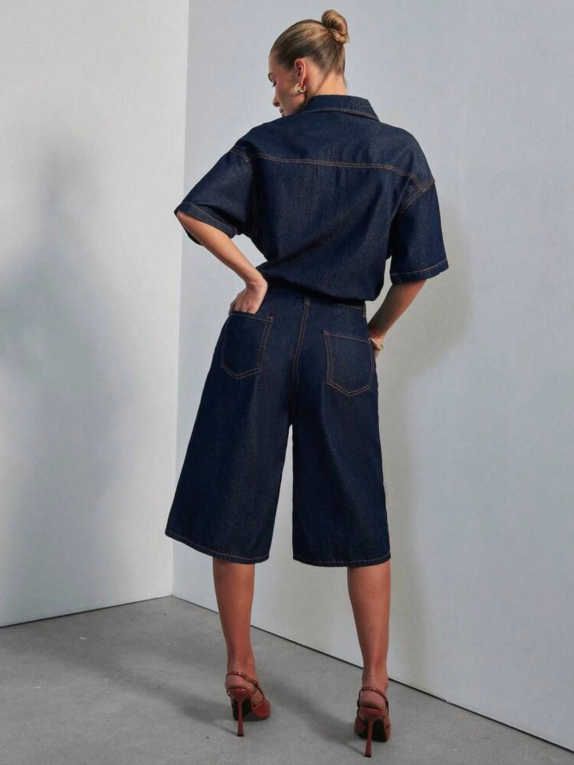 CM-JS876546 Women Casual Seoul Style Dark Wash Collared Short Sleeve Relaxed Denim Jumpsuit