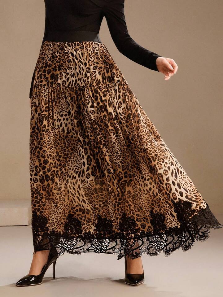 CM-BS944884 Women Elegant Seoul Style Leopard Print Patchwork Lace Elastic Waist A-Line Maxi Skirt