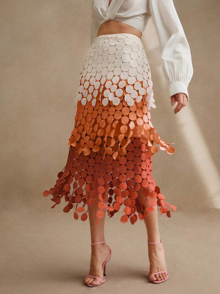 CM-BS433333 Women Trendy Bohemian Style Hollow Out Embroidery Tassel High Waist Flowy Skirt - Orange