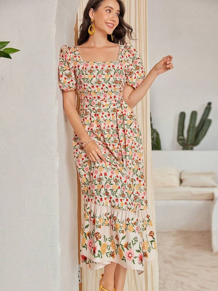 CM-DS701592 Women Trendy Bohemian Style Floral Print Square Neck Puff Sleeve Dress