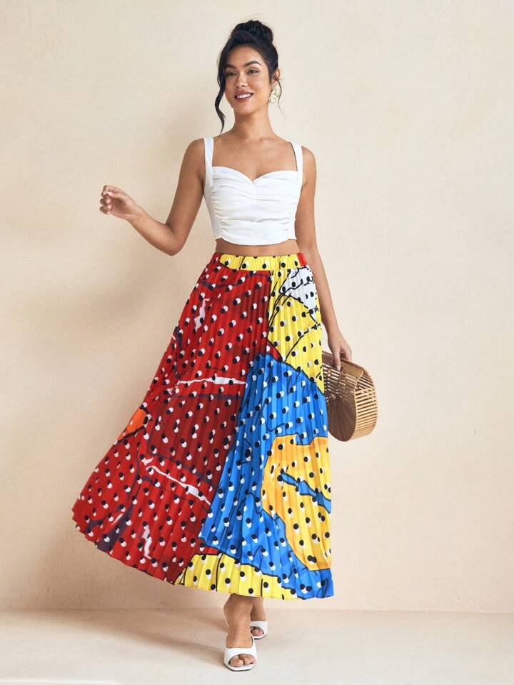 CM-BS924857 Women Elegant Seoul Style High Waist All-Over Print Geometric Pleated A-Line Skirt