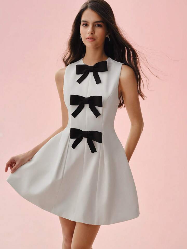 CM-DS583588 Women Elegant Seoul Style Round Neck Bow Decor Waist Cinched Sleeveless Mini Dress - White