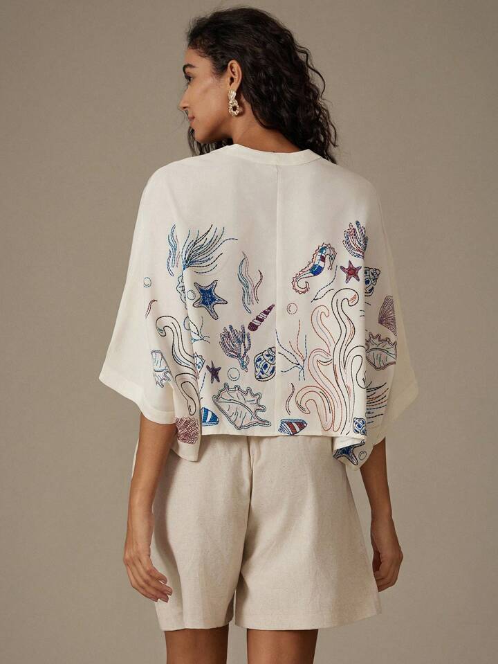 CM-TS906500 Women Trendy Bohemian Style Random Print Batwing Sleeve Cropped Blouse - Beige