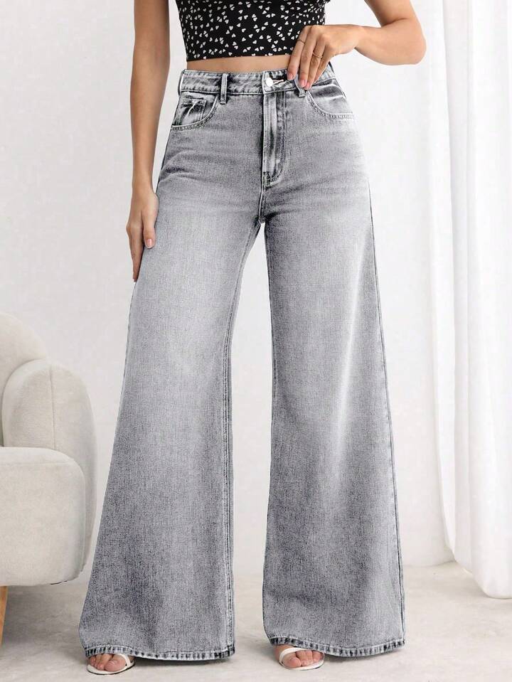 CM-BS639951 Women Elegant Seoul Style Button Front Pocket Loose Wide Leg Jeans - Light Gray