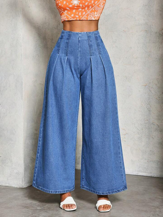CM-BS299895 Women Casual Seoul Style Medium Wash High Waist Pleated Loose Wide Leg Jeans