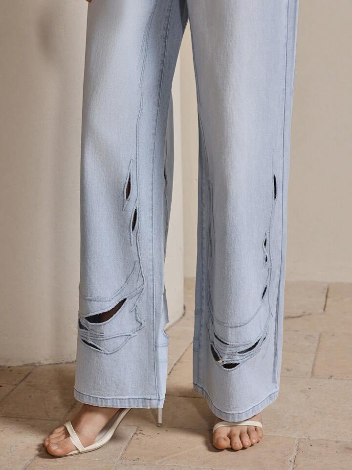 CM-BS909369 Women Casual Seoul Style Light Wash Mid Waist Distressed Straight Leg Jeans