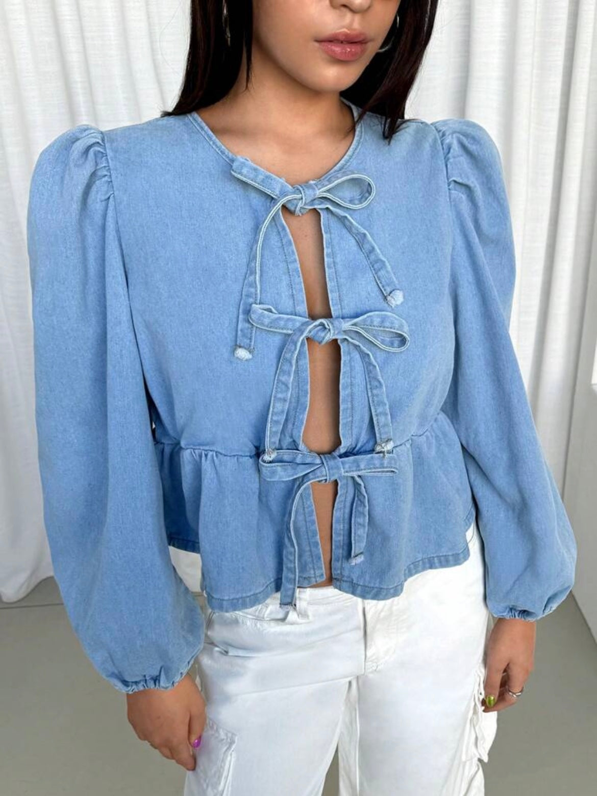 CM-TS323902 Women Casual Seoul Style Front Tie Ruffle Detail Long Sleeve Denim Blouse