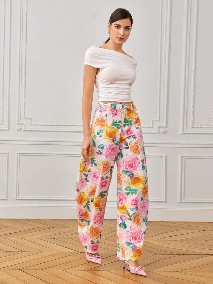CM-BS143261 Women Casual Seoul Style Mid Waist Colorful Floral Print Baggy Flared Denim Pants - White