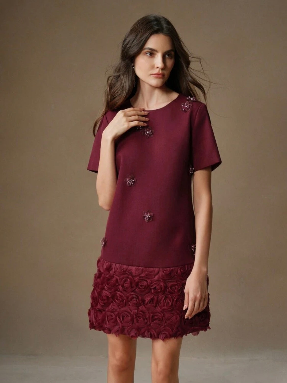 CM-DS620220 Women Elegant Seoul Style Round Neck Short Patchwork Rose Sequin Dress - Burgundy