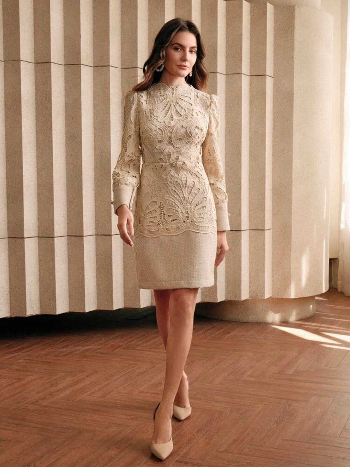 CM-DS588318 Women Elegant Seoul Style Stand Collar Long Sleeve Lace Patchwork Cheongsam Dress - Khaki