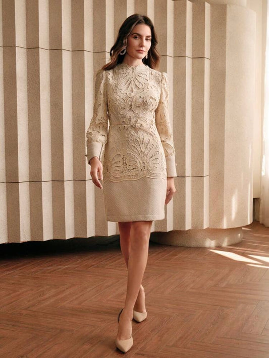 CM-DS588318 Women Elegant Seoul Style Stand Collar Long Sleeve Lace Patchwork Cheongsam Dress - Khaki