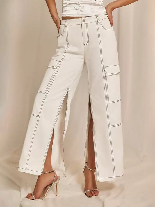 CM-BS593655 Women Casual Seoul Style Solid Color Low Waist Straight Leg Long Pants - White
