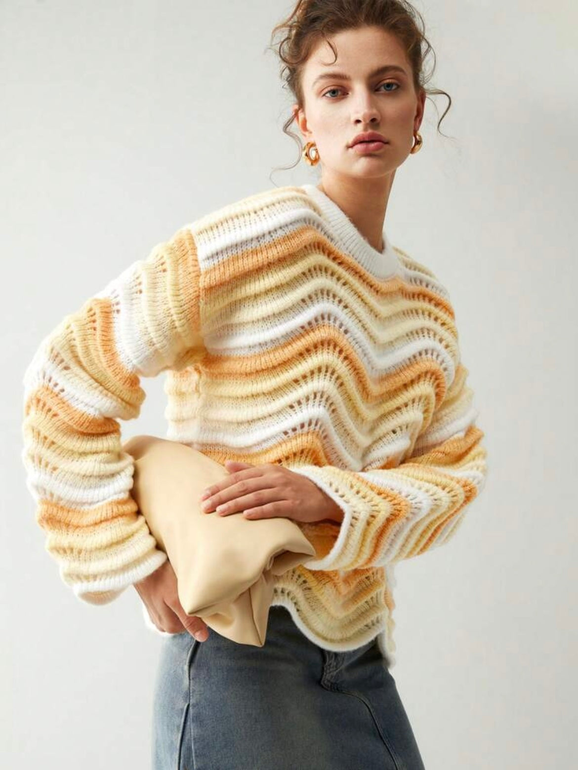 CM-CS362220 Women Casual Seoul Style Striped Pattern Knit Drop Shoulder Long Sleeve Sweater