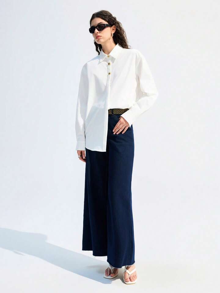 CM-TS827052 Women Casual Seoul Style Solid Collar Neckline Drop Shoulder Long Sleeve Blouse - White