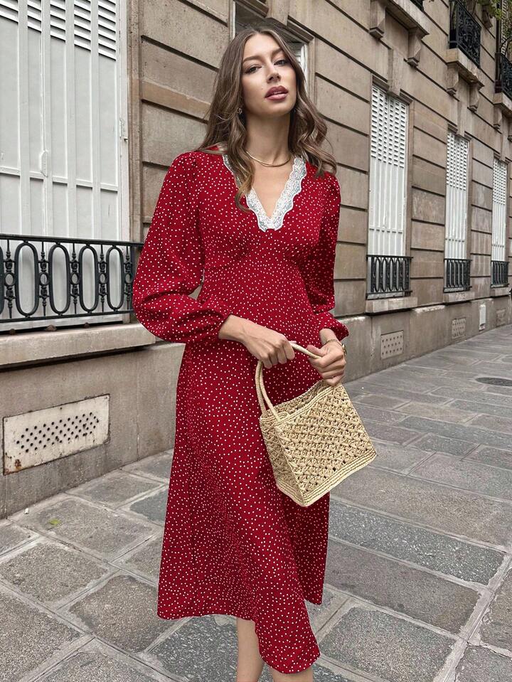 CM-DS239709 Women Casual Seoul Style V-Neck Puff Sleeve Floral Lace Patchwork Polka Dot Dress - Burgundy