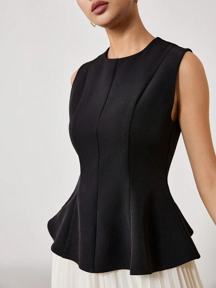 CM-TS131631 Women Elegant Seoul Style Solid Color Crew Neck Sleeveless Pleated Slim Fit T-Shirt - Black