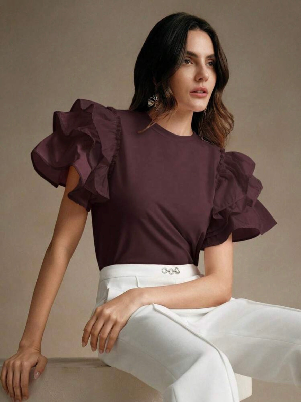 CM-TS399899 Women Casual Seoul Style Round Neck Puff Sleeve Ruffle Hem Splice Short Sleeve T-Shirt