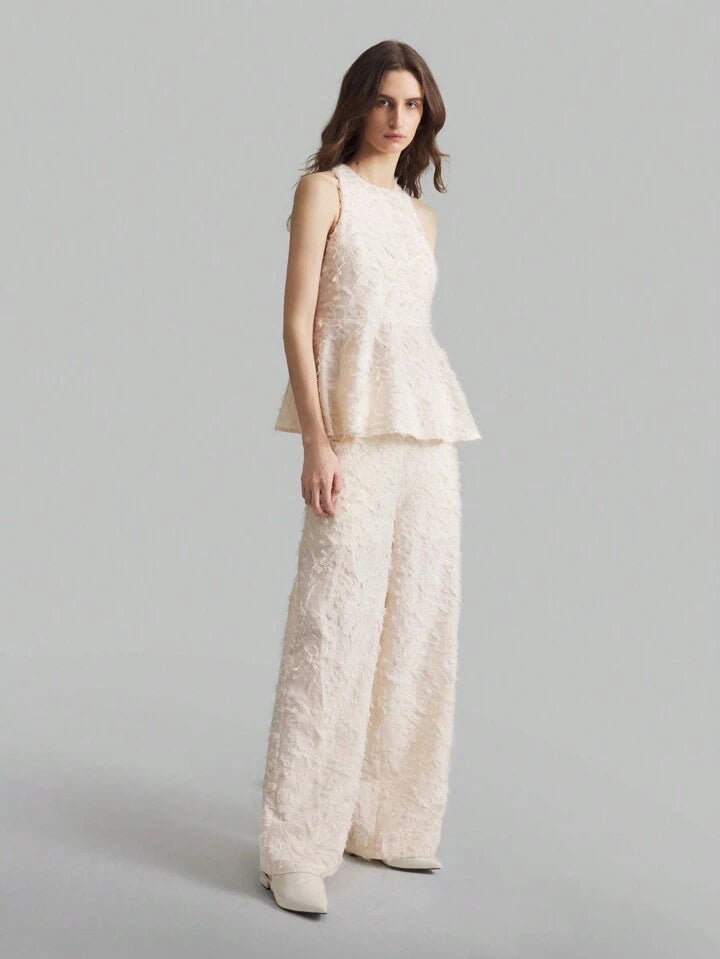 CM-SS081171 Women Elegant Seoul Style Texture Round Neck Sleeveless Top With Wide Leg Pants - Set