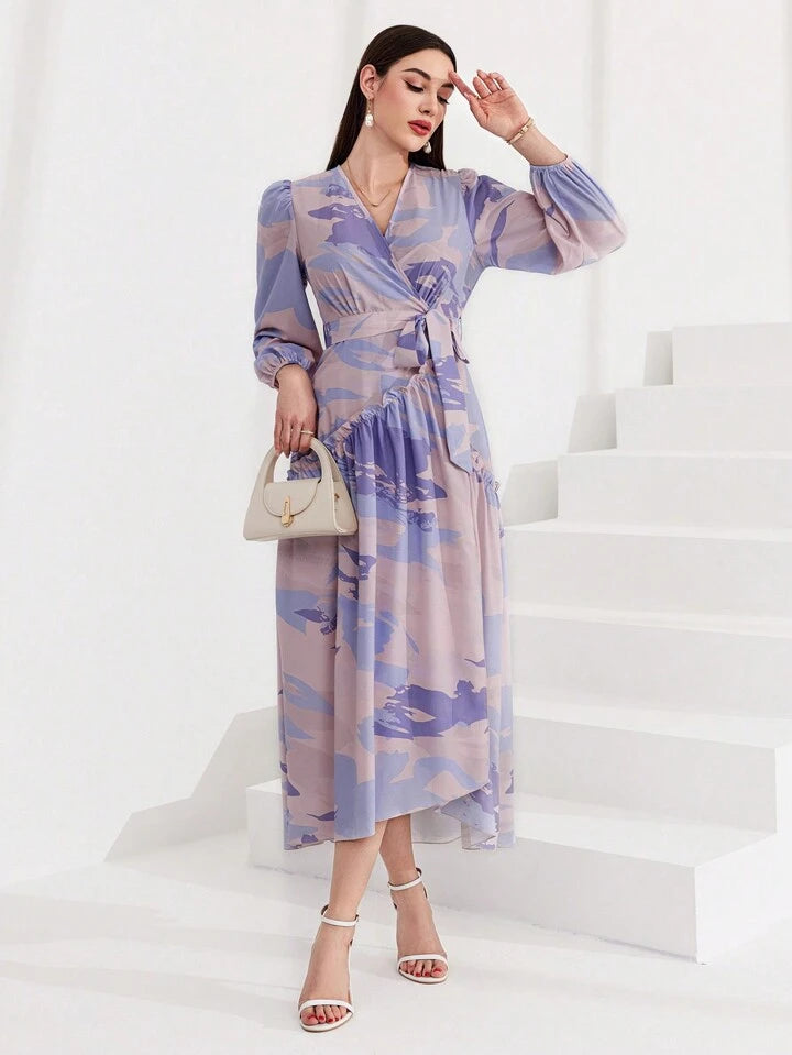 CM-DS911061 Women Elegant Seoul Style Allover Print Lantern Sleeve Belted Dress