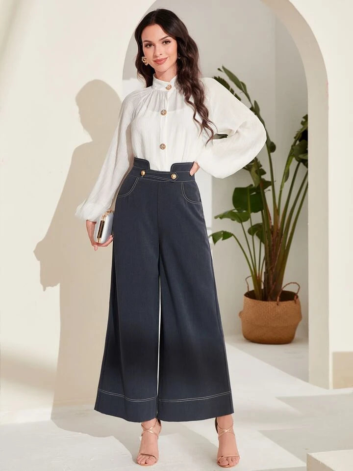 CM-BS430352 Women Elegant Seoul Style High Waist Top-Stitching Wide Leg Pants - Dark Gray