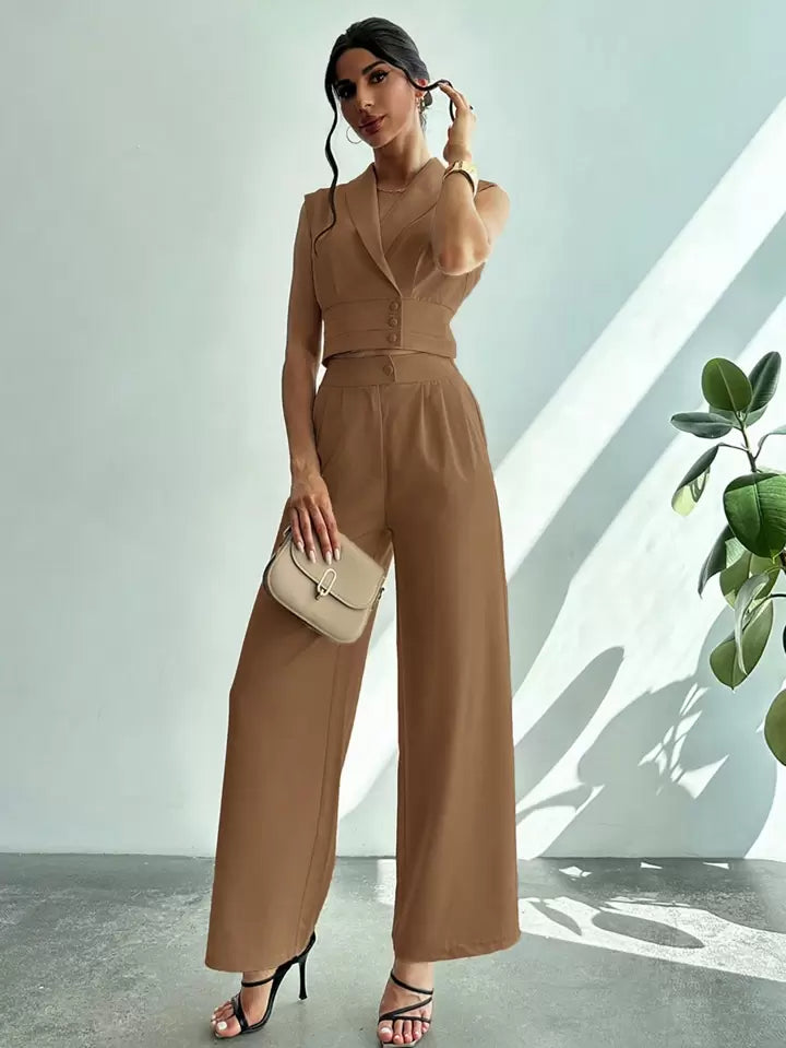 CM-SS414741 Women Elegant Seoul Style Collared Fitted Cap Sleeve Shirt With Straight-Leg Pants Suit - Camel