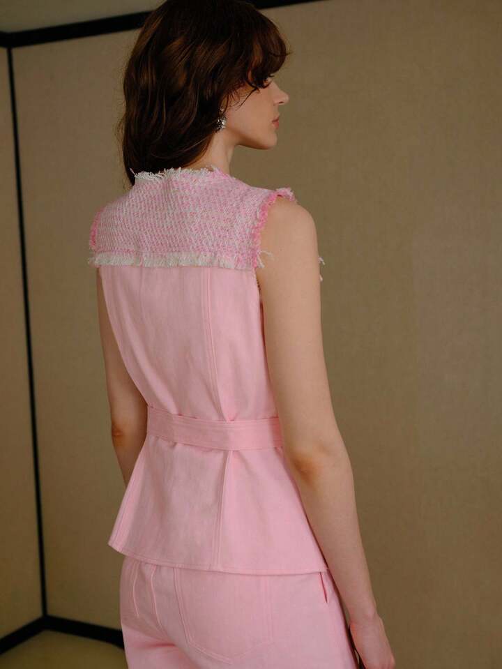 CM-TS654625 Women Elegant Seoul Style Round Neck Sleeveless Single-Breasted Button Up Belted Denim Top - Pink