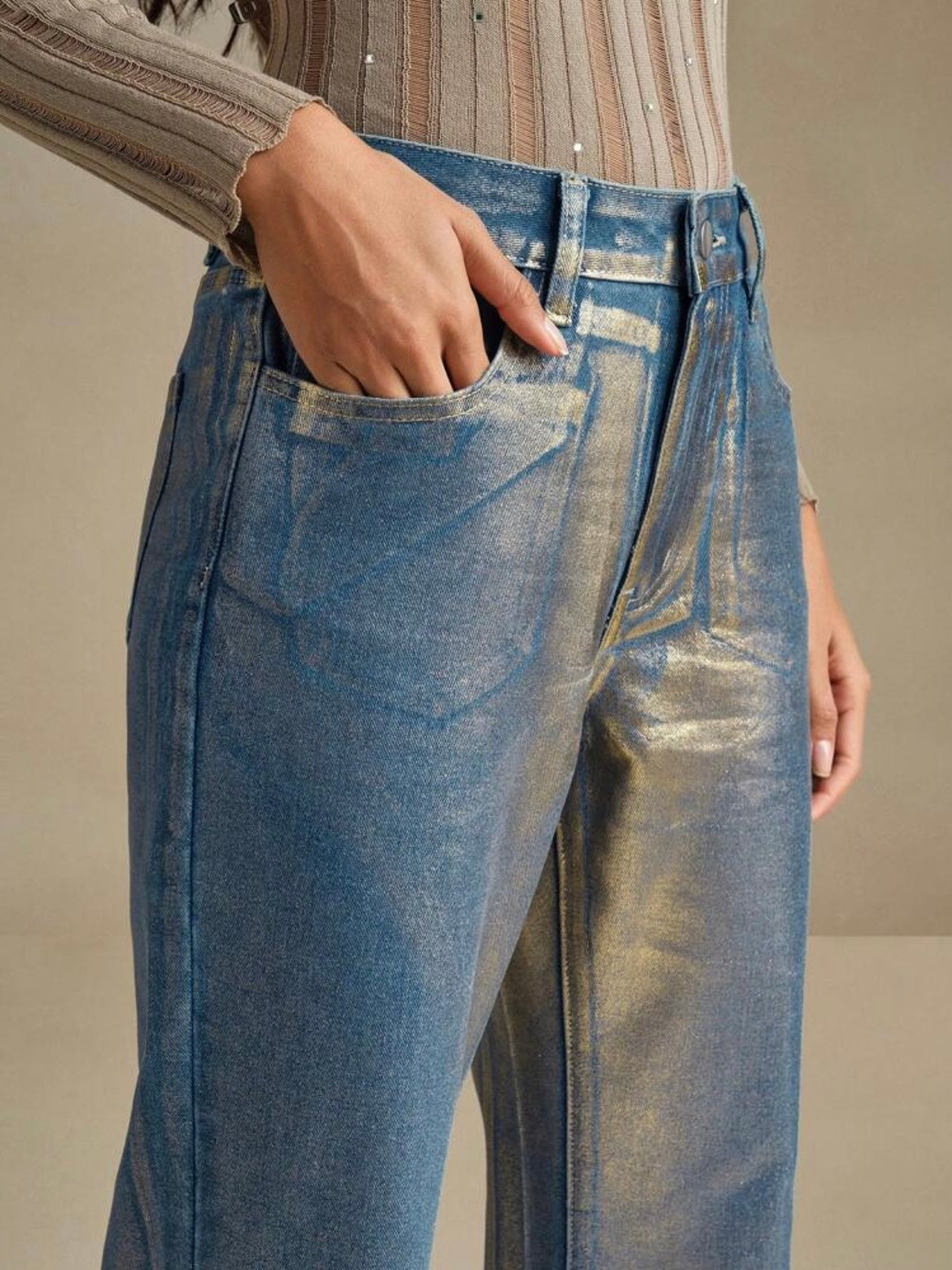 CM-BS502302 Women Elegant Seoul Style Metallic Effect Loose Fit Wide Leg Jeans - Blue