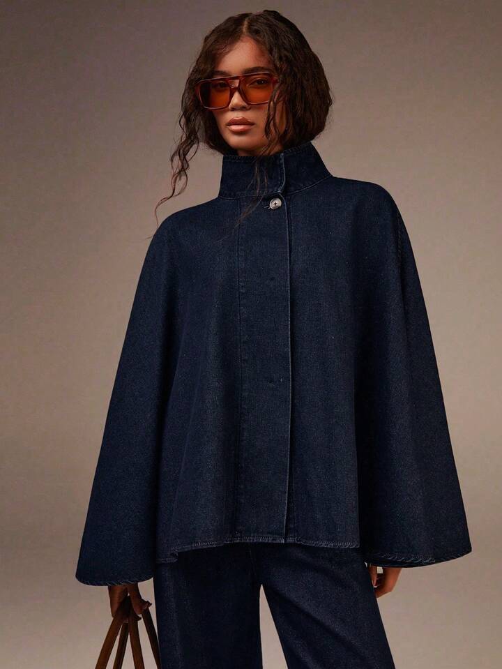 CM-CS829682 Women Casual Seoul Style Stand Collar Wide Draped Oversized Denim Cape Coat - Blue