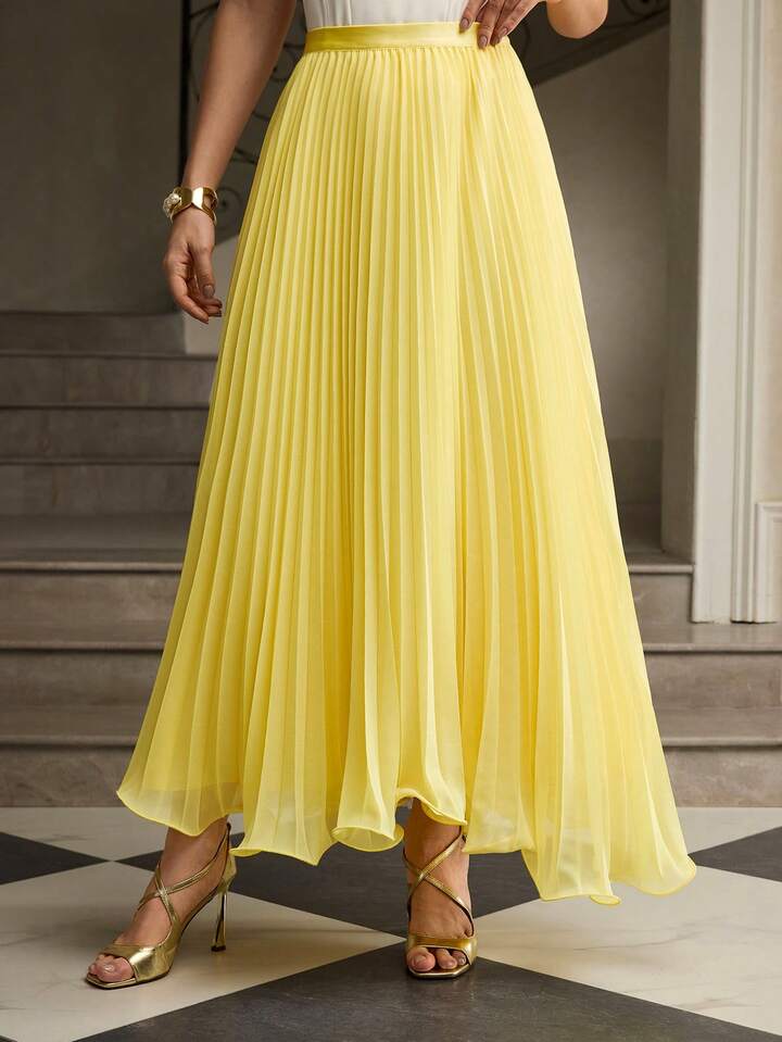 CM-BS180003 Women Elegant Seoul Style Ultra High Waist Pleated Flowy A-Line Long Skirt - Yellow