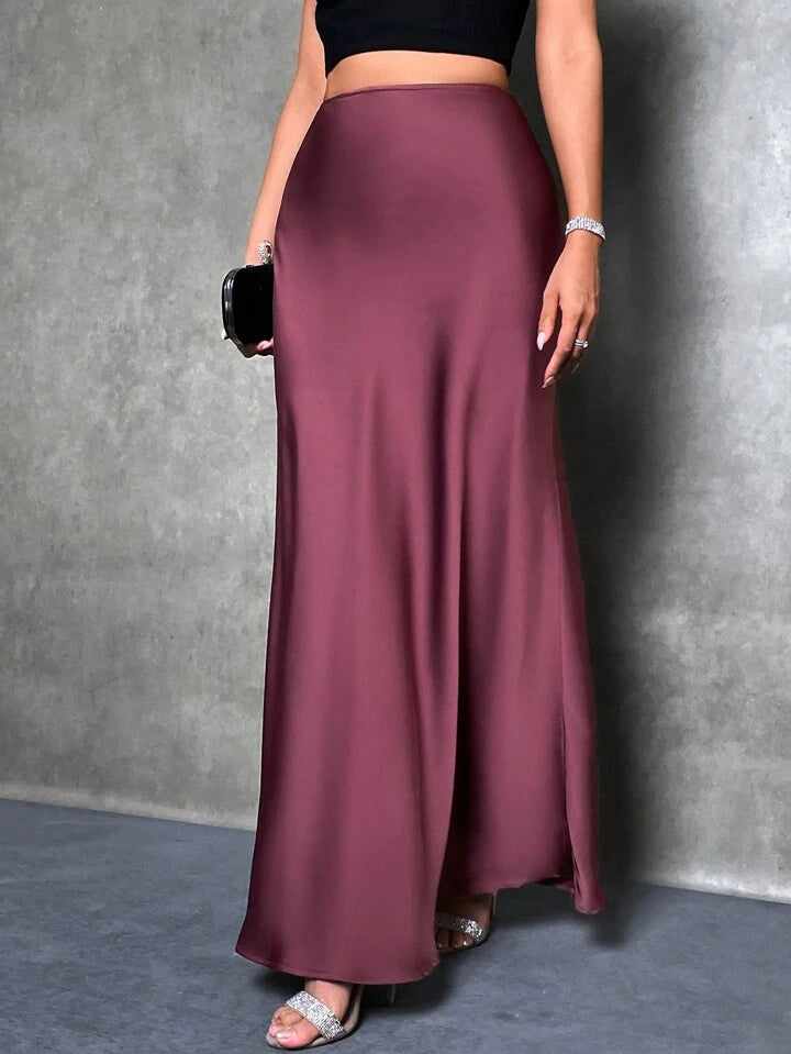 CM-BS052422 Women Casual Seoul Style Solid Asymmetrical Mermaid Hem Skirt - Burgundy